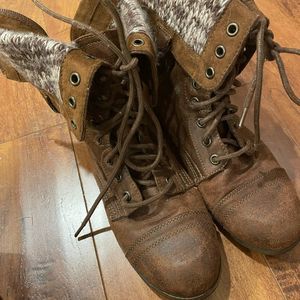 Brown Faux Fur Combat Boots